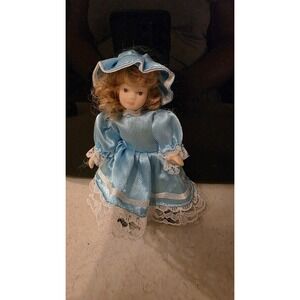 Vintage Porcelain Doll 4" Curly Hair Blue Lace Dress Arms And Legs Move